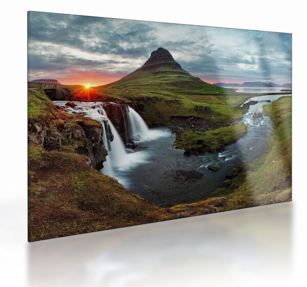 Sklenený obraz - Kirkjufell pri západe slnka (70x50 cm)