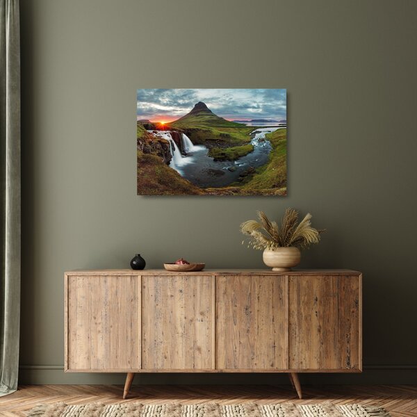 Sklenený obraz - Kirkjufell pri západe slnka (70x50 cm)