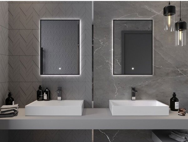 Mexen Erma osvetlené kúpeľňové zrkadlo 50 x 70 cm, LED 6000K, proti zahmlievaniu, čierny rám - 9814-050-070-611-70