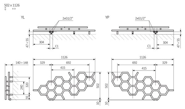 Terma Hex 502x1126 vodný radiátor RAL9005 Pololesk YL