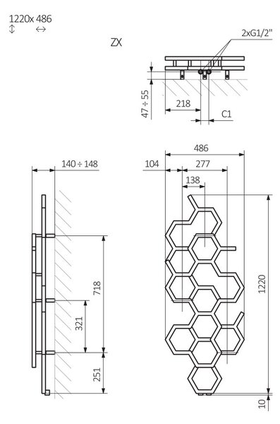 Terma Hex 1220x486 vodný radiátor RAL 9016 ZX