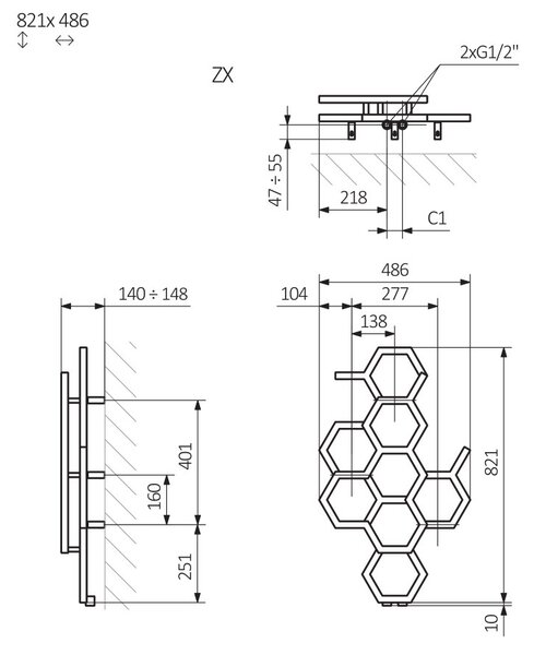 DK Terma Hex 821x486 vodný radiátor Bright Copper ZX
