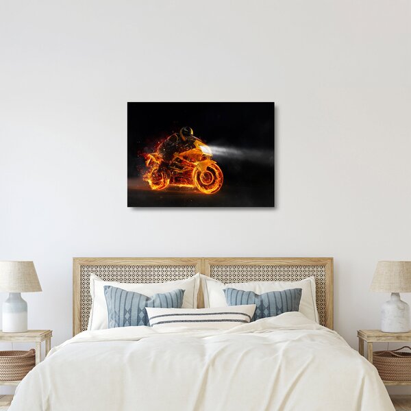 Sklenený obraz - Motorkár s plameňmi (70x50 cm)