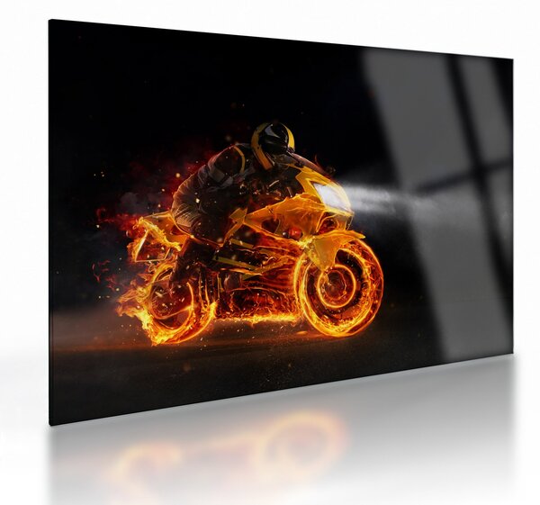 Sklenený obraz - Motorkár s plameňmi (70x50 cm)