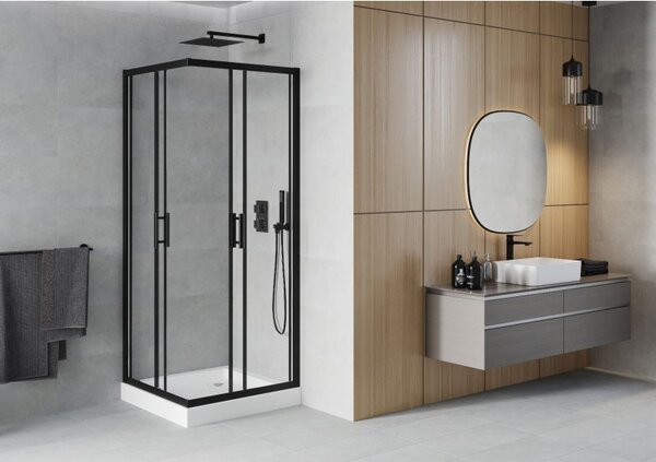 Mexen Rio štvorcový sprchový kút 70 x 70 cm, transparentný, čierny + sprchová vanička Rio, biela - 860-070-070-70-00-4510