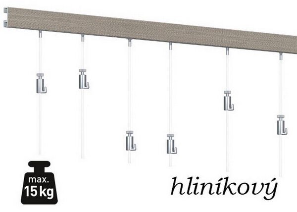 Závesný systém na zavesenie obrazov – SET HLINÍK 3m (6x oceľ, 6x AG)