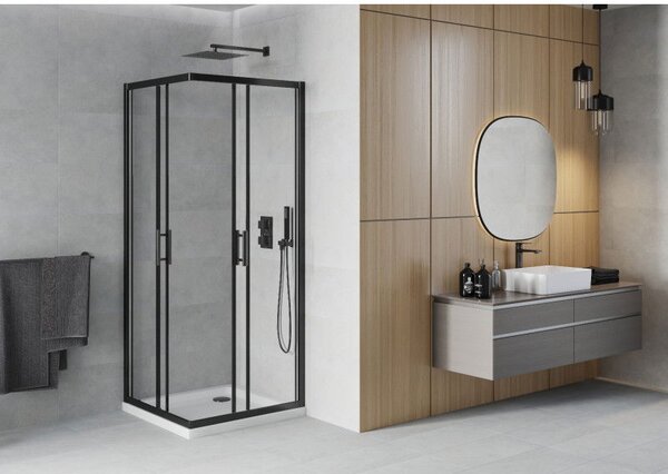 Mexen Rio štvorcový sprchový kút 80 x 80 cm, priehľadný, čierny + vanička Flat, biela - 860-080-080-70-00-4010B