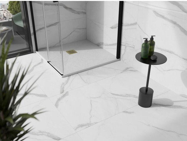 Mexen Stone+ kompozitný štvorcový sprchový kút 90 x 90 cm, biely, krytka zlatá - 44109090-G