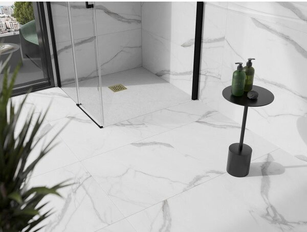 Mexen Stone+ kompozitný štvorcový sprchový kút 90 x 90 cm, biely, krytka zlatá - 44109090-G