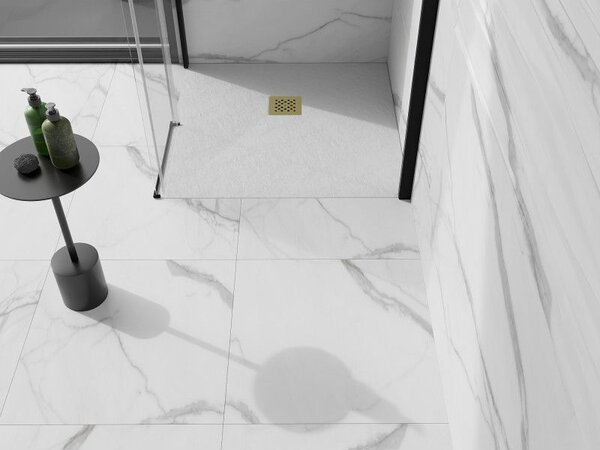 Mexen Stone+ kompozitný štvorcový sprchový kút 90 x 90 cm, biely, krytka zlatá - 44109090-G
