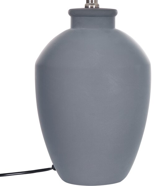 Stolná lampa sivý keramický podstavec biele ľanové tienidlo minimalistický dizajn