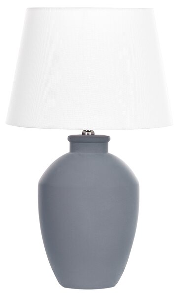 Stolná lampa sivý keramický podstavec biele ľanové tienidlo minimalistický dizajn
