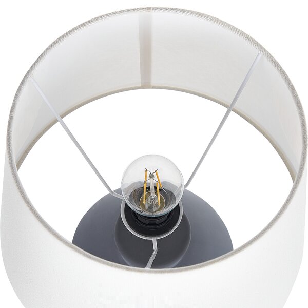 Stolná lampa sivý keramický podstavec biele ľanové tienidlo minimalistický dizajn
