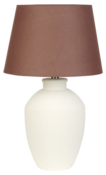 Stolná lampa biely keramický podstavec hnedé ľanové tienidlo minimalistický dizajn