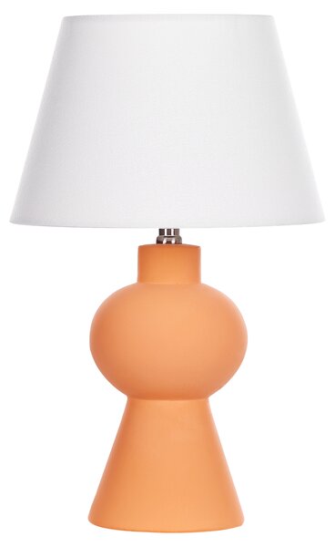 Stolná lampa oranžová keramický podstavec ľanové tienidlo v tvare bubna minimalistický dizajn