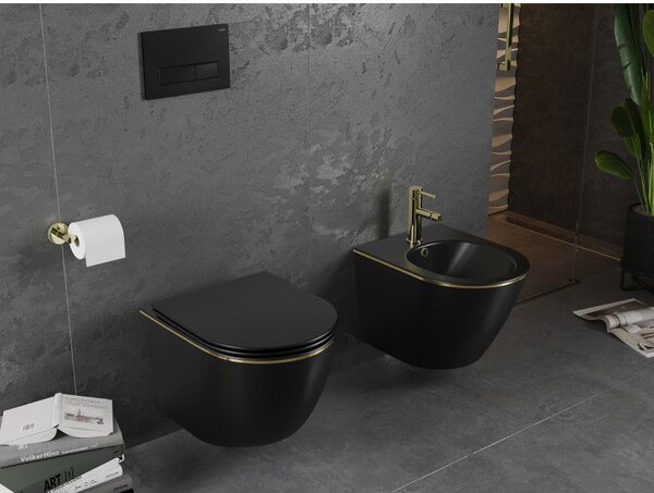 Mexen Lena WC misa Rimless s pomaly zatvárajúcim sa tenkým sedátkom, duroplast, čierna mat/zlatá línia - 30224075
