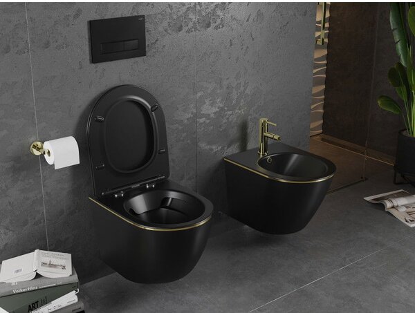 Mexen Lena WC misa Rimless s pomaly zatvárajúcim sa tenkým sedátkom, duroplast, čierna mat/zlatá línia - 30224075