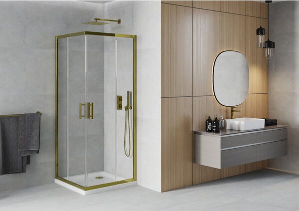 Mexen Rio sprchová kabína štvorcová 80 x 80 cm, transparentná, zlatá + vanička Flat, biela - 860-080-080-50-00-4010G