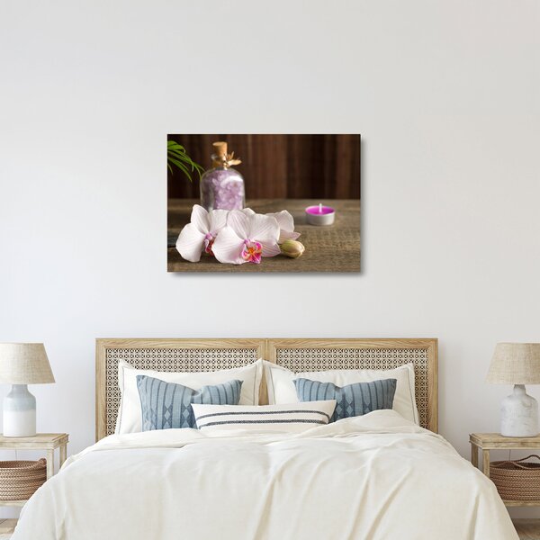 Sklenený obraz - Sviečka a orchidey (70x50 cm)