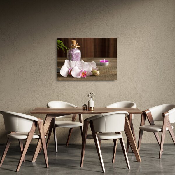 Sklenený obraz - Sviečka a orchidey (70x50 cm)