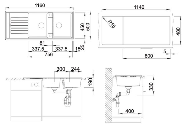 Blanco Zia 8 S, silgranitový drez 1160x500x190 mm, 2-komorový, sivá vulkán, BLA-527392