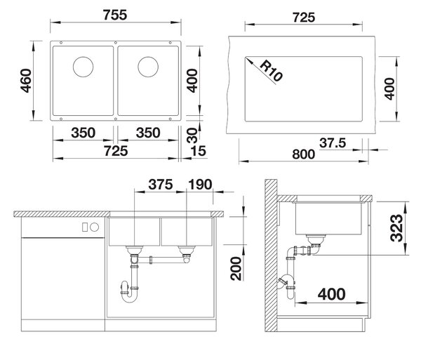 Blanco Subline 350/350-U, silgranitový drez 755x460x200 mm, 2-komorový, čierna, BLA-525987