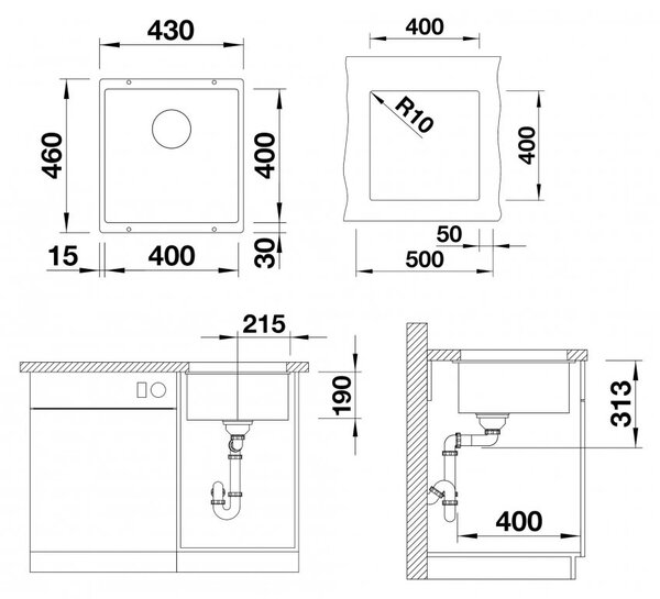 Blanco Subline 400-U, silgranitový drez pod pracovnú dosku 400x400x190 mm, 1-komorový, antracitová, BLA-523422
