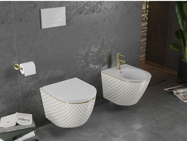 Mexen Lena miska wc Rimless s doskou pomaly uzatvárateľnou slim, duroplast, biela/zlatý vzor kocka - 30224009