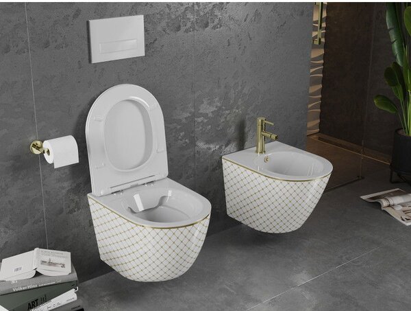 Mexen Lena miska wc Rimless s doskou pomaly uzatvárateľnou slim, duroplast, biela/zlatý vzor kocka - 30224009