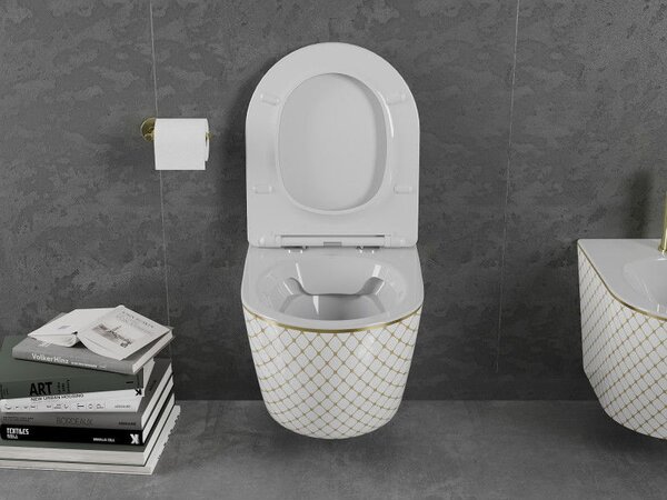 Mexen Lena miska wc Rimless s doskou pomaly uzatvárateľnou slim, duroplast, biela/zlatý vzor kocka - 30224009