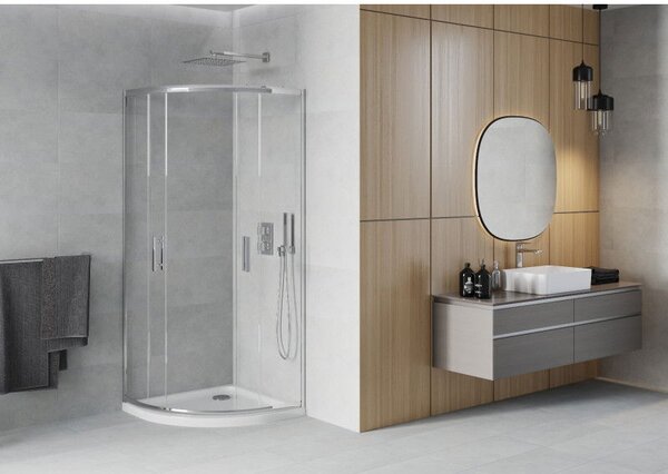 Mexen Rio polkruhová sprchová kabína 90 x 90 cm, transparentná, chróm + vanička Flat, biela - 863-090-090-01-00-4110