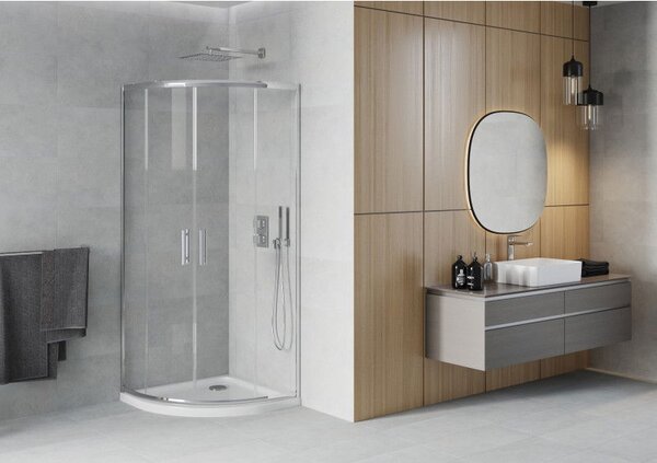 Mexen Rio polkruhová sprchová kabína 90 x 90 cm, transparentná, chróm + vanička Flat, biela - 863-090-090-01-00-4110