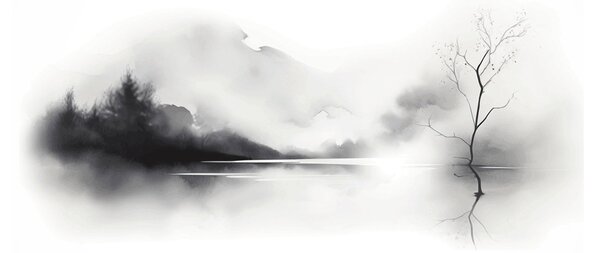 Sklenený obraz - Atramentová maľba krajiny (70x50 cm)