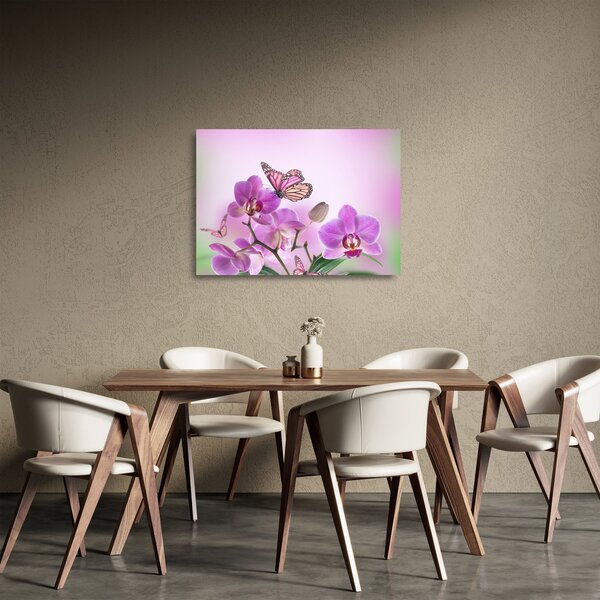 Sklenený obraz - Motýľ na kvetoch orchidey, lila (70x50 cm)