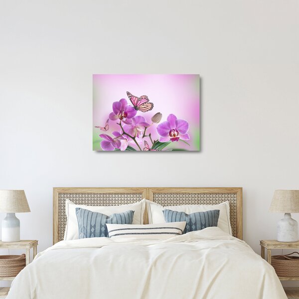 Sklenený obraz - Motýľ na kvetoch orchidey, lila (70x50 cm)