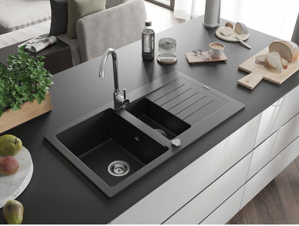 Mexen Matias granitový drez 1,5-komorový s odkvapkávačom 900 x 505 mm, čierny, sifón chróm - 6502901505-77