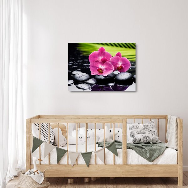 Sklenený obraz - Ružové orchidey s palmovým listom (70x50 cm)