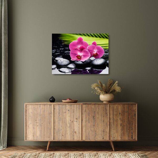 Sklenený obraz - Ružové orchidey s palmovým listom (70x50 cm)
