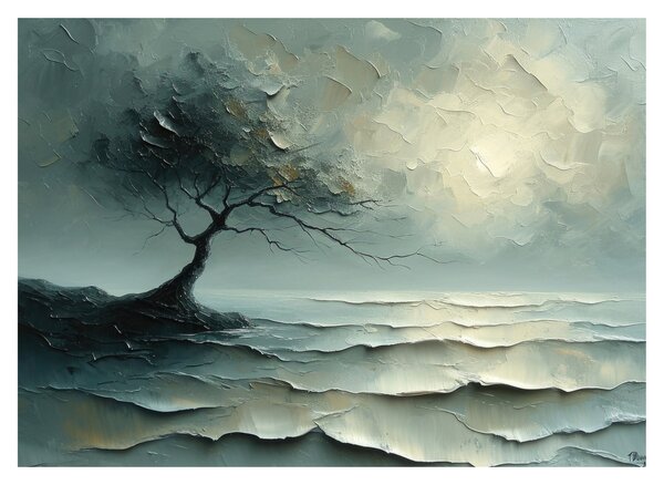 Sklenený obraz - Olejomaľba stromu s oceánom (70x50 cm)