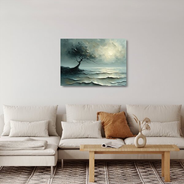 Sklenený obraz - Olejomaľba stromu s oceánom (70x50 cm)