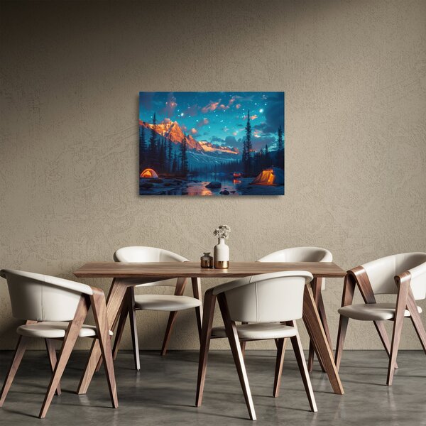 Sklenený obraz - Kempovanie v horách (70x50 cm)