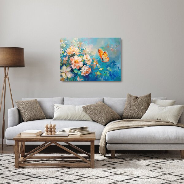 Sklenený obraz - Motýľ a kvety, olejomaľba II. (70x50 cm)