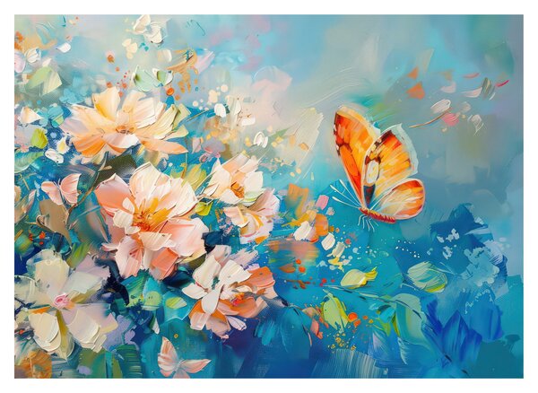 Sklenený obraz - Motýľ a kvety, olejomaľba II. (70x50 cm)