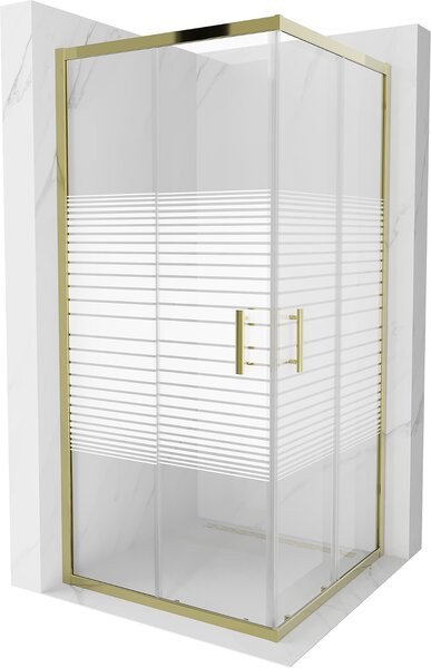 Mexen Rio, štvorcový sprchovací kút s posuvnými dverami 90 (dvere) x 90 (dvere) x 190 cm, 5mm číre sklo s pásikmi, zlatý profil, 860-090-090-50-20