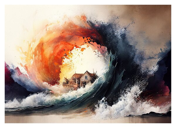 Sklenený obraz - Vo víre povodne, akvarel (70x50 cm)