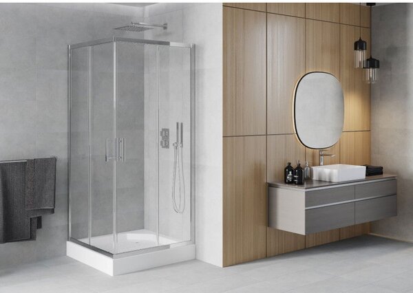 Mexen Rio štvorcová sprchová kabína 90 x 90 cm, transparentná, chróm + sprchová vanička Rio, biela - 860-090-090-01-00-4510