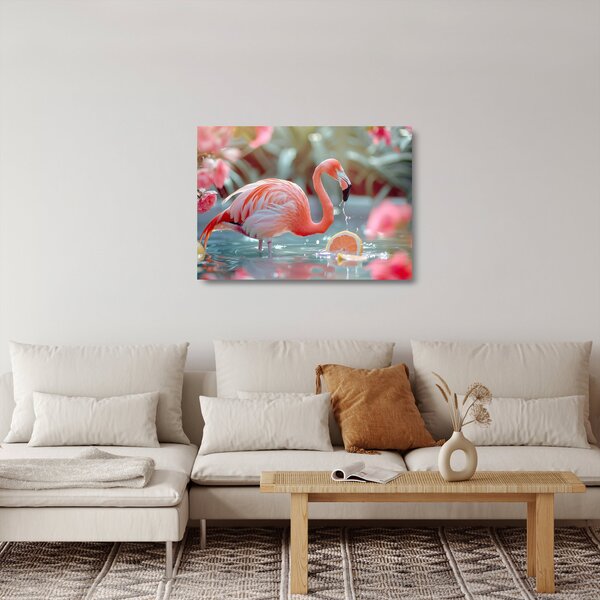 Sklenený obraz - Plameniak v jazierku (70x50 cm)