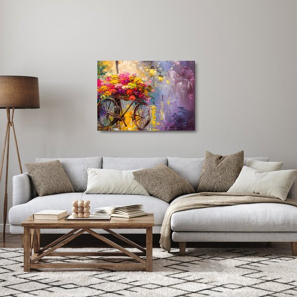 Sklenený obraz - Bicykel s kvetmi (70x50 cm)