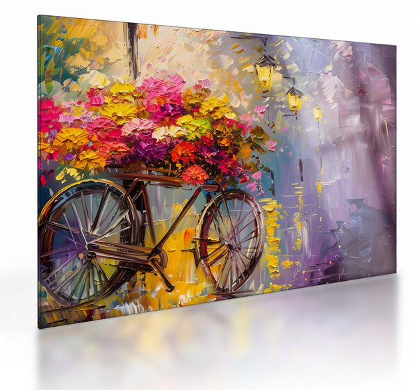 Sklenený obraz - Bicykel s kvetmi (70x50 cm)