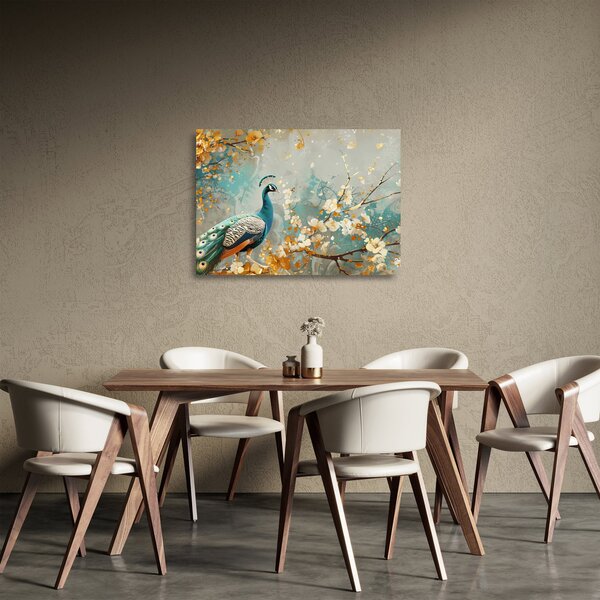 Sklenený obraz - Páv so zlatým dekorom (70x50 cm)